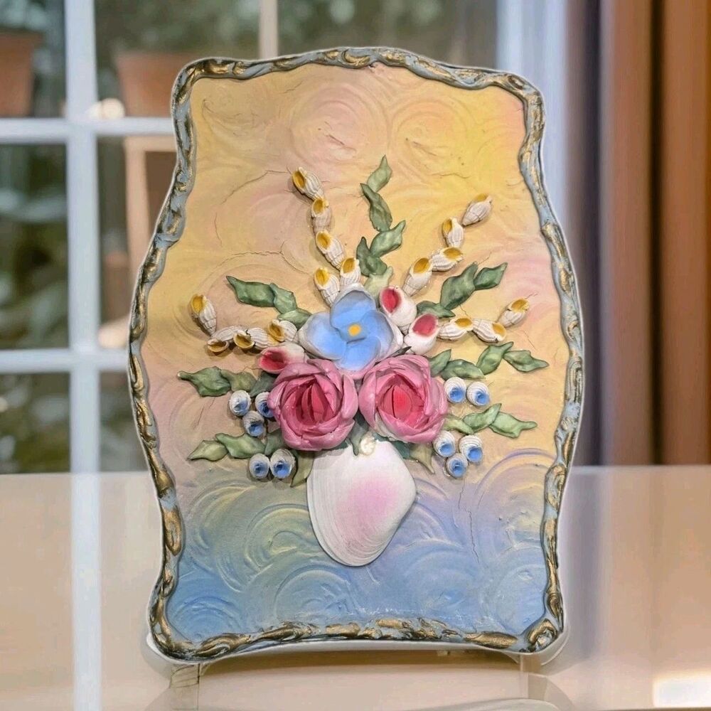 Vintage MCM 3D Floral Shell Art Plaque Wall Hanging Shabby Chic Painted 12"